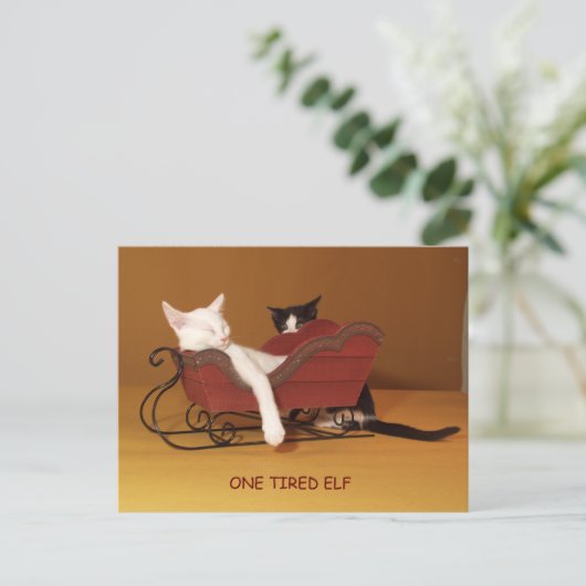 Een vermoeide Elf Humor Christmas Post Kaart (Staand voorkant)