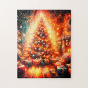 Een versierde kerstboom die bij het raam staat legpuzzel