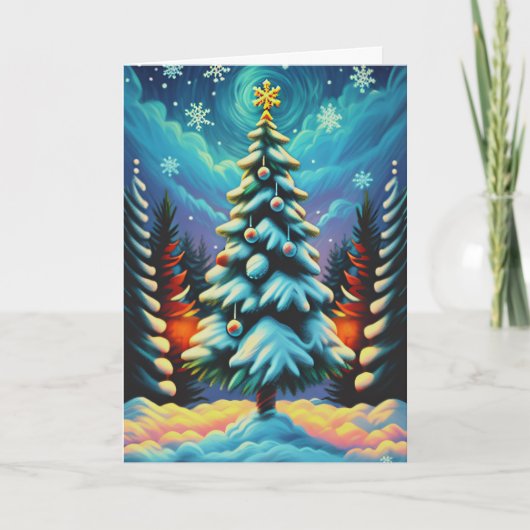 Een versierde kerstboom in het bos feestdagen kaart (Voorkant)