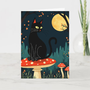 Een Vertrouwde Zwarte Kat En Paddenstoelen Hallowe Feestdagen Kaart