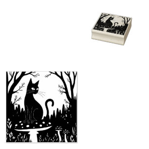 Een Vertrouwde Zwarte Kat En Paddenstoelen Hallowe Rubberstempel