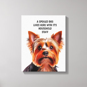 EEN VERWENDE HOND WONEN HIER MET HET HUISHOUDELIJK CANVAS AFDRUK