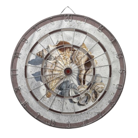 Een verzameling schelpen op een zanddartbord dartbord (Voorkant)