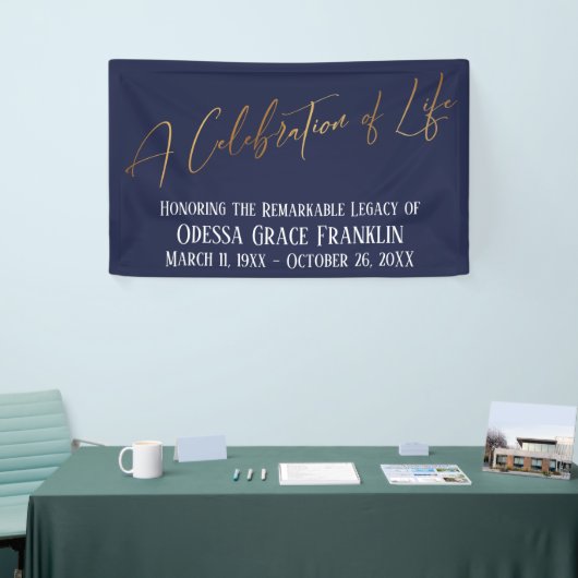 Een viering van het 'Life Gold Handwriting Navy Bl Spandoek (Beurs)