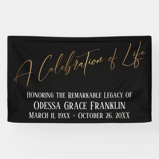 Een viering van Life Gold Handwrite op Black Spandoek (Horizontaal)