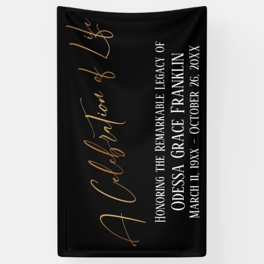 Een viering van Life Gold Handwrite op Black Spandoek (Verticaal)