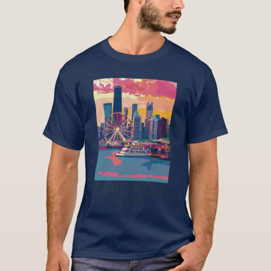 Een vintage reisillustratie van Chicago Illinois T-shirt (Voorkant)