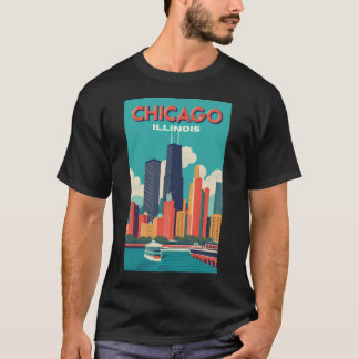 Een Vintage Travel Art van Chicago Illinois US 1 T-shirt