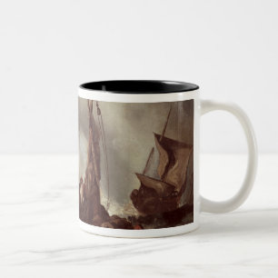 Een visser die zich in een net bevindt, 1868 tweekleurige koffiemok