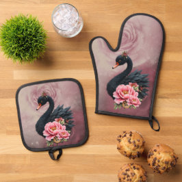 Een vleugje roos en de gloed van de zwaan. ovenwant & pannenlap set