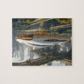 Een vliegende auto in de stad van de toekomst. legpuzzel (Horizontaal)