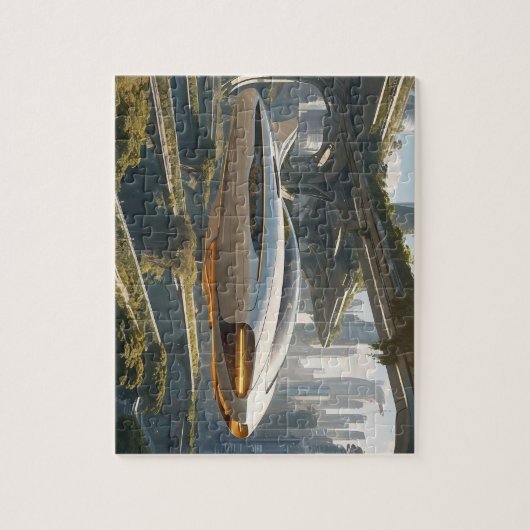 Een vliegende auto in de stad van de toekomst. legpuzzel (Verticaal)