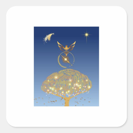 Een vogel die over een gouden boom vliegt vierkante sticker (Voorkant)