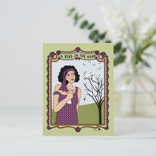 Een vogel in het hand_A_ Briefkaart (Staand voorkant)
