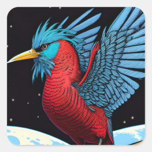 Een vogel met een stok in de ruimte vierkante sticker