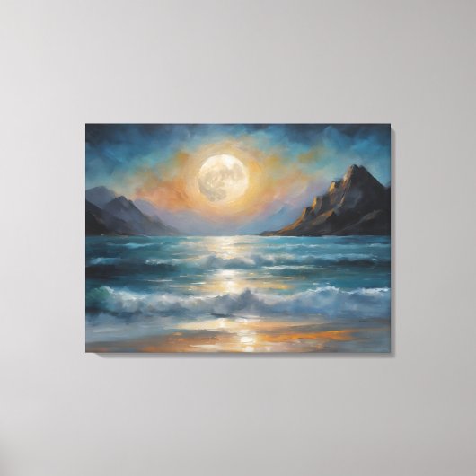 Een volle maan over de oceaan met een berg canvas afdruk (Voorkant)