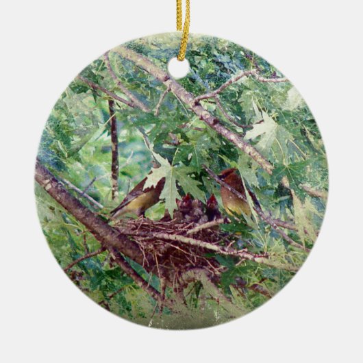 Een volledige nest, ouders en Baby vogels Keramisch Ornament (Voorkant)