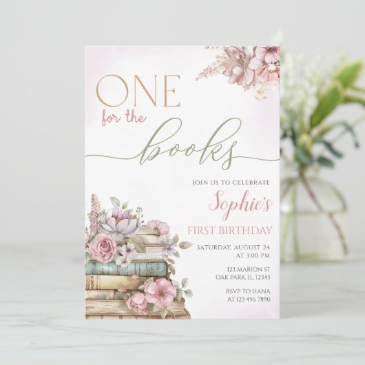 Een voor de boeken Roze Boek Eerste Verjaardag Kaart (Staand voorkant)
