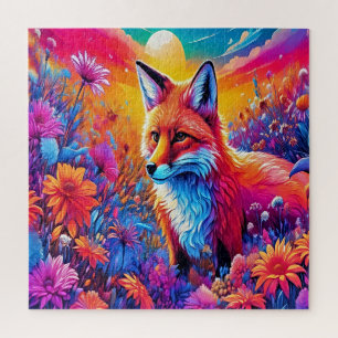 Een vos in een kleurrijk bloemenveld. legpuzzel
