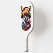 Een vos in hoofdtelefoon en bril pickleball paddle (Links)