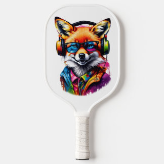 Een vos in hoofdtelefoon en bril pickleball paddle