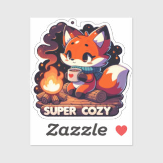 Een vos zittend op een boomstam met een kopje koff sticker