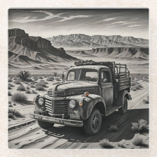 Een vrachtwagen in de woestijn glazen onderzetter (Voorkant)