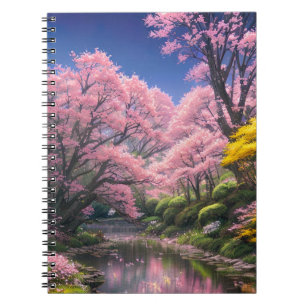 Een vredige stroom meandert door een weelderig bos notitieboek