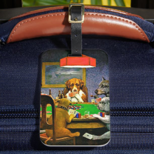 Een vriend in nood, honden die poker spelen, bagagelabel