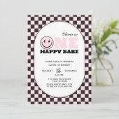 Een vrolijk babe geruit meisje eerste verjaardag kaart (Staand voorkant)