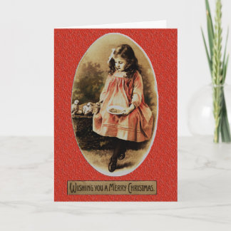 Een vrolijk kerst vintage kind voert vogels kaart