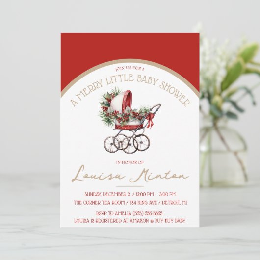 Een vrolijk klein Baby shower, rood & beige douche Kaart (Staand voorkant)