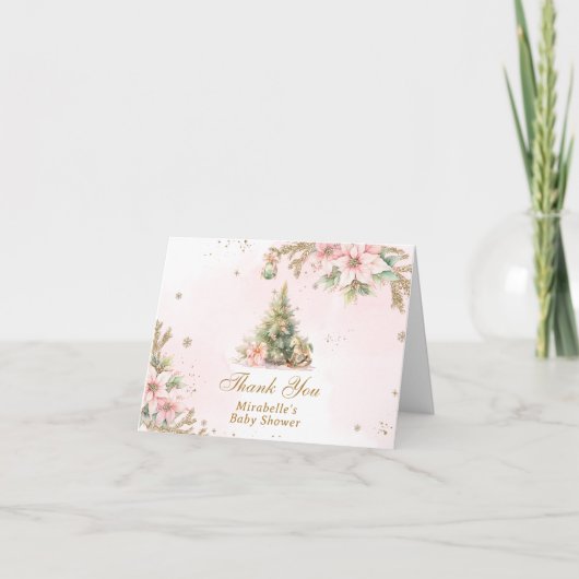 Een vrolijk Klein baby shower roze Gouden Kerst Bedankkaart (Voorkant)