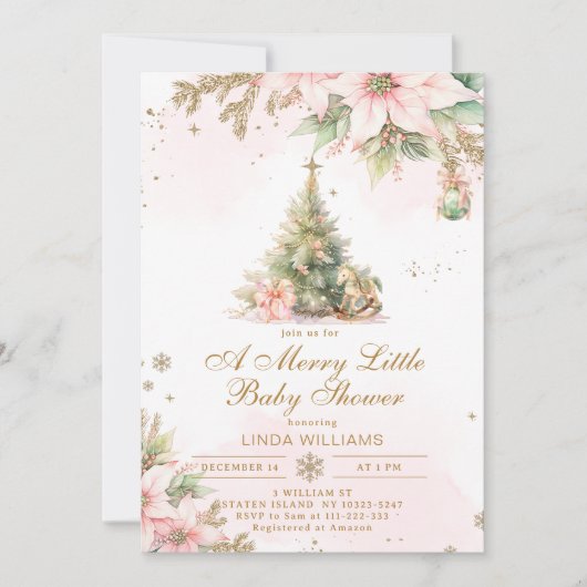 Een vrolijk klein baby shower roze gouden kerst kaart (Voorkant)