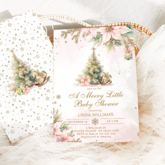 Een vrolijk klein baby shower roze gouden kerst kaart