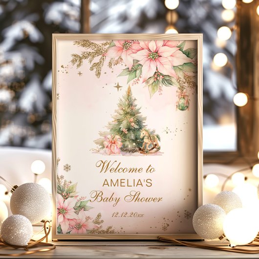 Een vrolijk klein Baby shower roze kerst Welkom Poster