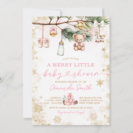 Een vrolijk klein gouden kerst roze Baby shower Kaart (Voorkant)