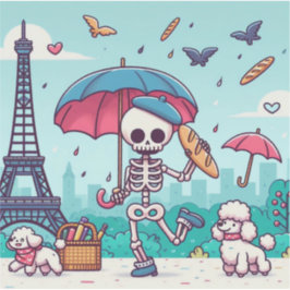 Een vrolijk skelet in het regenachtige Parijs Sticker