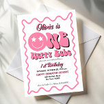 Een vrolijke babe retro roze 1e verjaardagsfeestje kaart<br><div class="desc">Een vrolijke babe retro roze golvende grens 1e verjaardagsfeest uitnodiging sjabloon,  meisje 1e verjaardagsfeest uitnodigingen,  retro groovy party,  zwart wit en roze retro party thema,  retro checkers,  hippie verjaardagsfeest uitnodigingen</div>