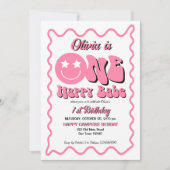 Een vrolijke babe retro roze 1e verjaardagsfeestje kaart (Voorkant)