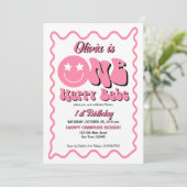 Een vrolijke babe retro roze 1e verjaardagsfeestje kaart (Staand voorkant)