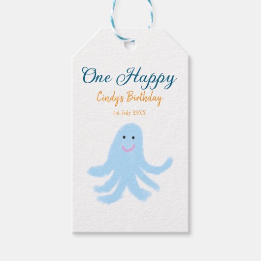 Een vrolijke blauwe octopus onder het zee cadeaulabel (Voorkant)