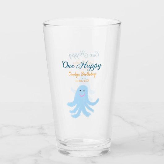 Een vrolijke blauwe octopus onder het zee glas (Voorkant)