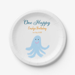 Een vrolijke blauwe octopus onder het zee papieren bordje