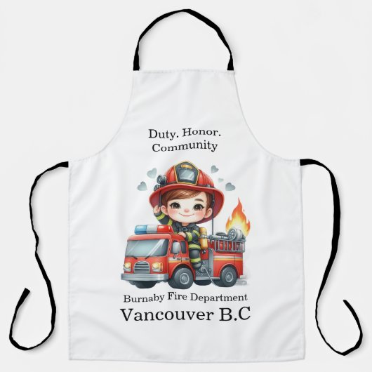 Een vrolijke brandweerman in actie op een lichte v schort (Voorkant)