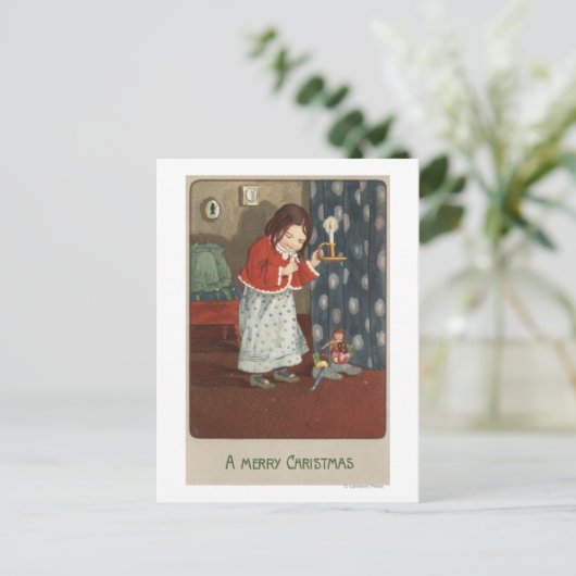 Een vrolijke ChristmasGirl die een Kandelaar Feestdagenkaart (Staand voorkant)