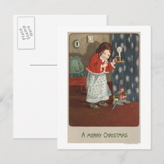 Een vrolijke ChristmasGirl die een Kandelaar Feestdagenkaart (Voorkant / Achterkant)