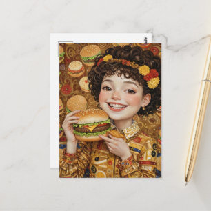 Een vrolijke dame met een cheeseburger briefkaart
