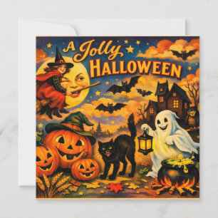 Een vrolijke Halloween vintage heks, Geest, Pompoe Kaart