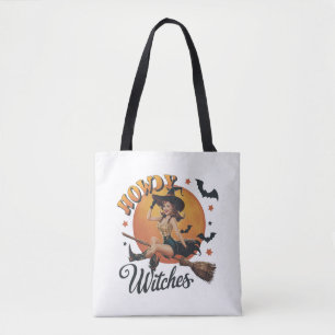 Een vrolijke heks op een bezemsteel tote bag